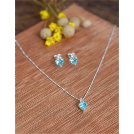 Conjunto Colar + Brinco Prata 925 Coração Com Zircônia Azul