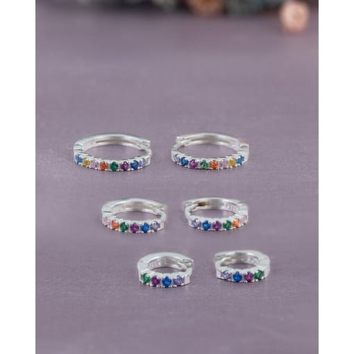 Trio Brincos Prata 925 Argolas Com Zircônias Coloridas