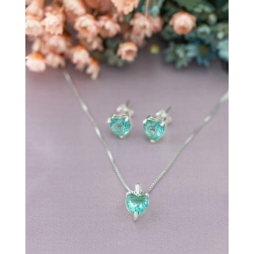 Conjunto Colar + Brinco Prata 925 Coração Com Zircônia Turmalina