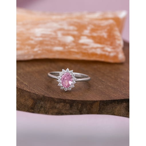 Anel Solitário Prata 925 Com Banho De Ródio Zircônia Oval Rosa