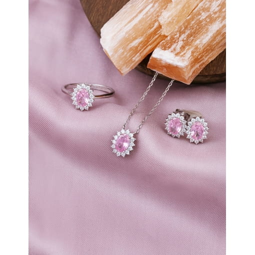 Anel Solitário Prata 925 Com Banho De Ródio Zircônia Oval Rosa