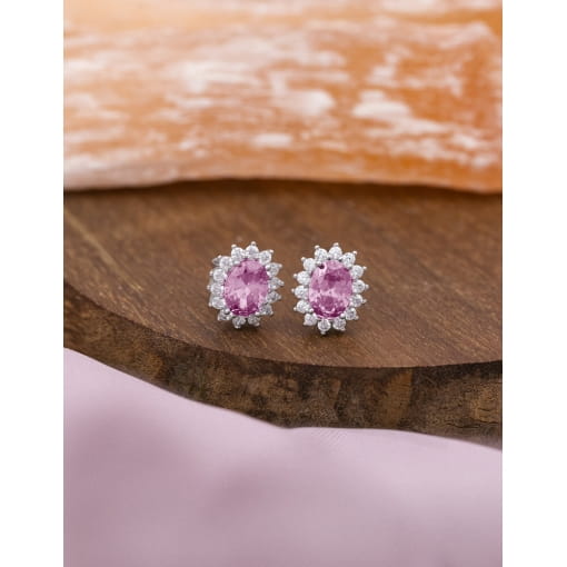 Brinco Prata 925 Com Banho De Ródio Zircônia Oval Rosa