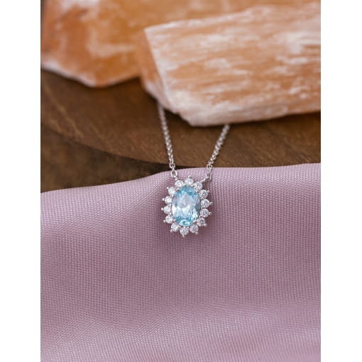 Colar Prata 925 Com Banho De Ródio Zircônia Oval Azul