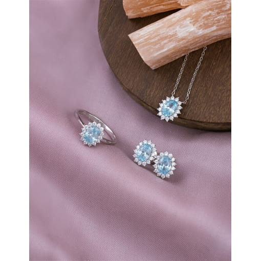 Colar Prata 925 Com Banho De Ródio Zircônia Oval Azul