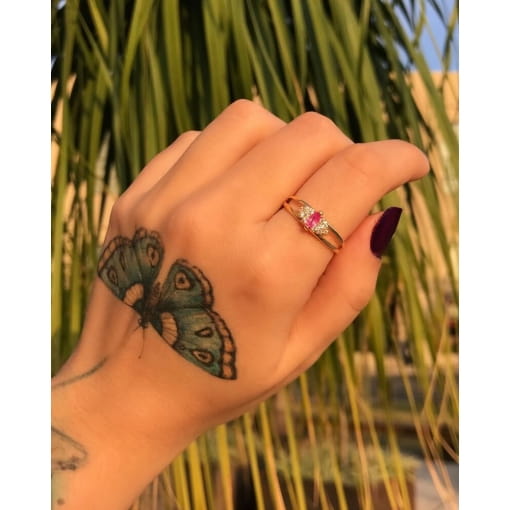 Anel Banhado a Ouro 18K Com Zircônia Rosa e Branca