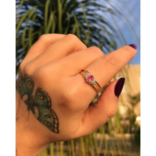 Anel Banhado a Ouro 18K Com Zircônia Rosa e Branca