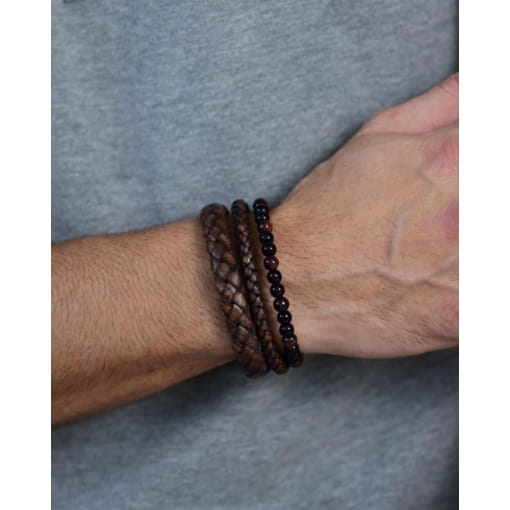 Bracelete Aço 20 Cm Couro Marrom Fecho Steel Click
