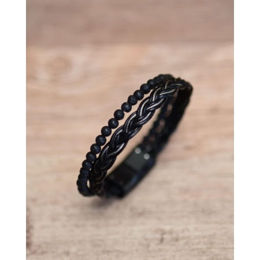 Bracelete Aço Couro Preto Trançado Shambala Vulcânica