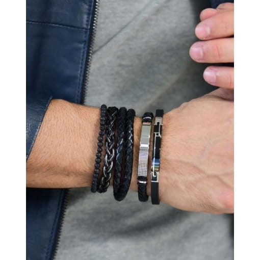 Bracelete Aço Couro Preto Trançado Shambala Vulcânica