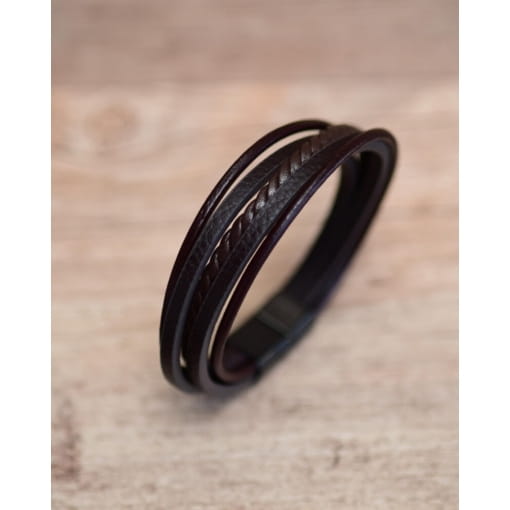 Bracelete Aço Couro Trançado Marrom 5 Voltas