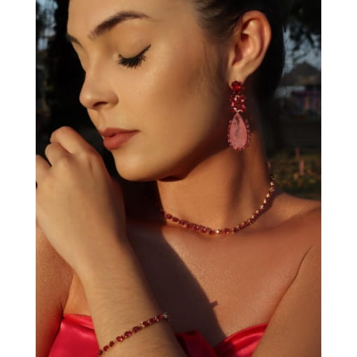 Brinco Banhado A Ouro Gota Zircônia Rosa e Zircônia Fusion