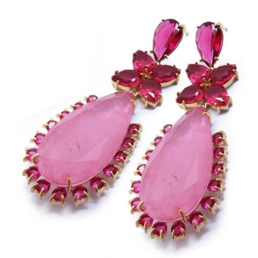 Brinco Banhado A Ouro Gota Zircônia Rosa e Zircônia Fusion