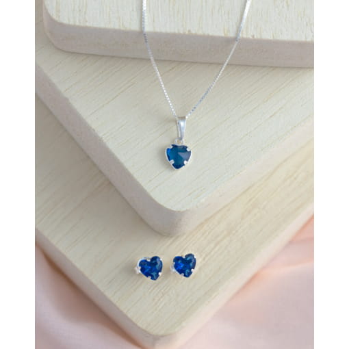 Conjunto Colar + Brinco Prata 925 Coração Com Zircônia Azul