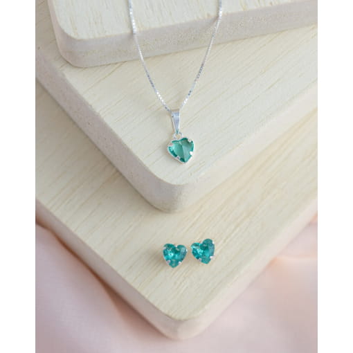 Conjunto Colar + Brinco Prata 925 Coração Zircônia Cor Turmalina