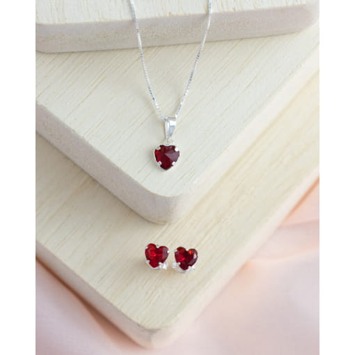 Conjunto Colar + Brinco Prata 925 Coração Com Zircônia Vermelha