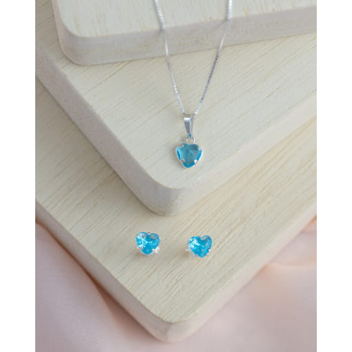 Conjunto Colar + Brinco Prata 925 Coração Zircônia Azul Claro