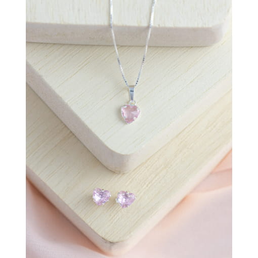 Conjunto Colar + Brinco Prata 925 Coração Com Zircônia Rosa