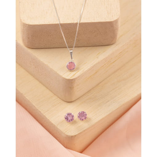 Conjunto Colar + Brinco Prata 925 Zircônia Rosa Redonda