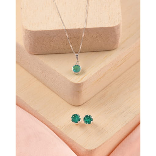Conjunto Colar + Brinco Prata 925 Zircônia Cor Turmalina Redonda