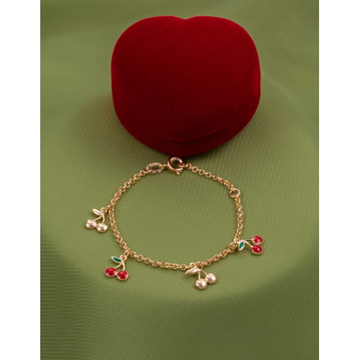 Pulseira Infantil Banhada A Ouro 18K Cerejas Esmaltadas