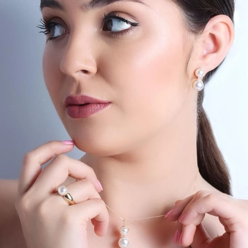 Brinco Banho De Ouro 18K 2 Pérolas Com Zircônia Branca