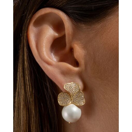 Brinco Banhado A Ouro 18K Flor Com Zircônia Branca e Pérola