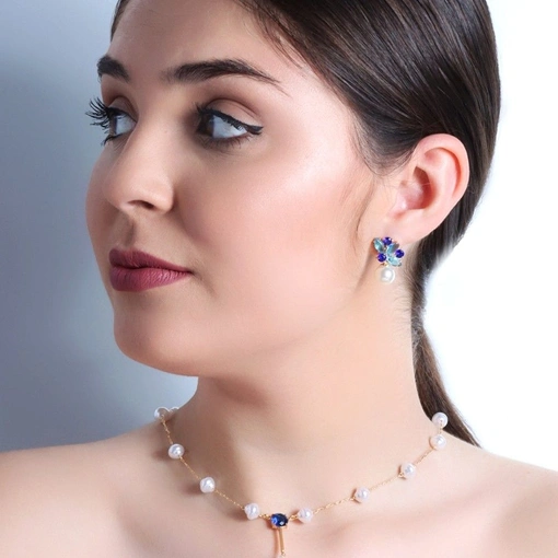 Brinco Banho De Ouro 18K Com Zircônia Azul e Pérola Sintética