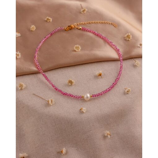 Colar Banhado A Ouro 18K Com Cristal Rosa Pérola Água Doce