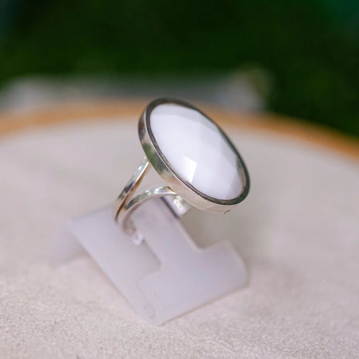 Anel Prata 925 Com Pedra Natural Ágata Branca