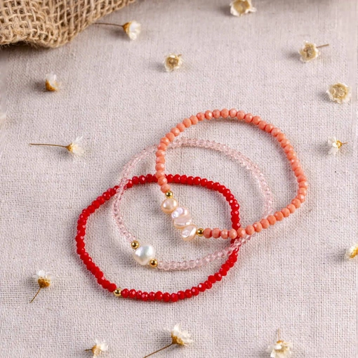 Pulseira Banhada A Ouro 18K Cristal Sintético Rosa e Pérola