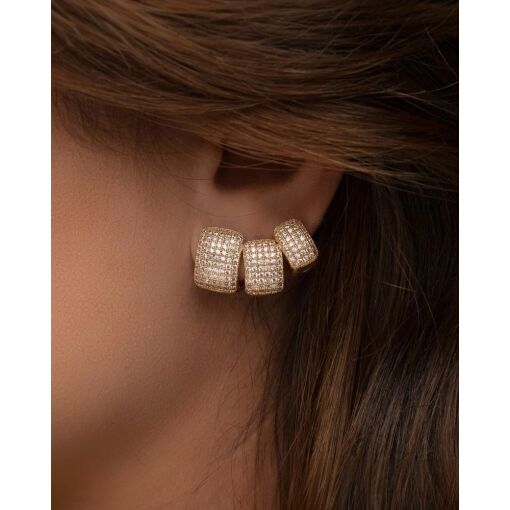 Brinco Banho De Ouro 18K Argola Retangular Zircônia Branca 12MM