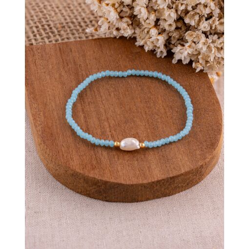 Pulseira Banhada A Ouro 18K Cristal Sintético Azul e Pérola