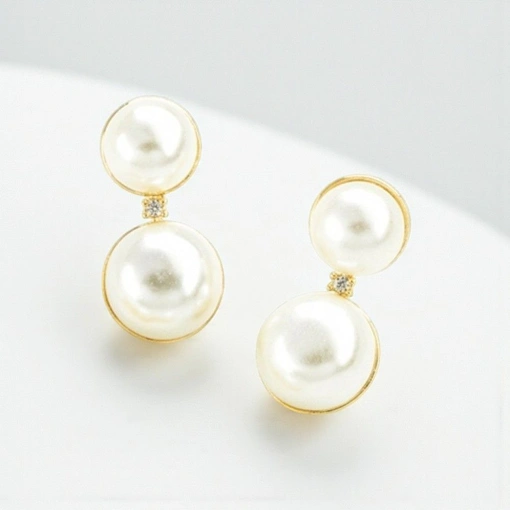 Brinco Banho De Ouro 18K 2 Pérolas Com Zircônia Branca