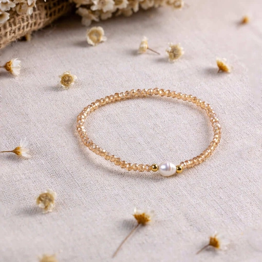 Pulseira Banhada A Ouro 18K Cristal Sintético Champagne e Pérola
