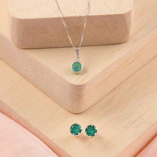 Conjunto Colar + Brinco Prata 925 Zircônia Cor Turmalina Redonda