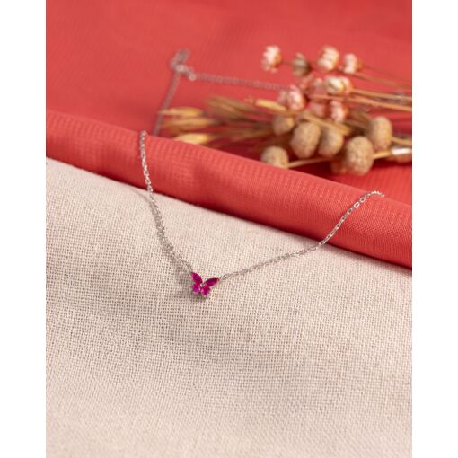 Colar Prata 925 Com Banho De Ródio Borboleta Zircônia Pink