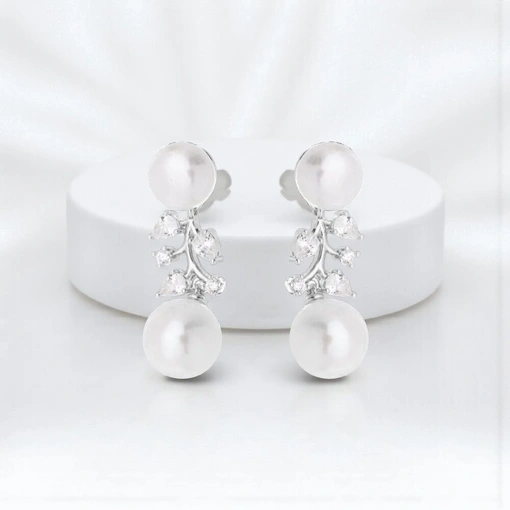 Brinco Banho De Ródio Branco Zircônias Com Pérola Barroca