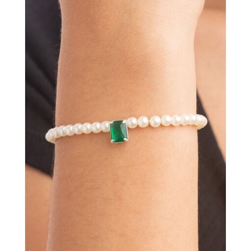 Pulseira Prata 925 Pérolas e Zircônia Retangular Verde