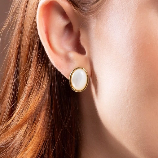 Brinco Banho de Ouro 18k Oval Com Madre Pérola