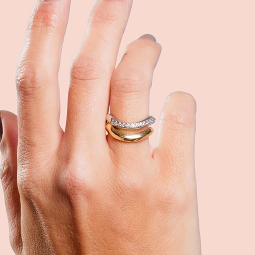 Duo de Anéis Banho de Ródio E Banho de Ouro 18k Com Zircônias