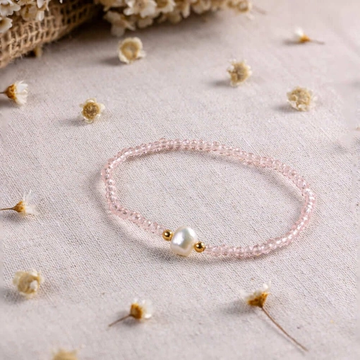 Pulseira Banhada A Ouro 18K Cristal Sintético Rosa e Pérola