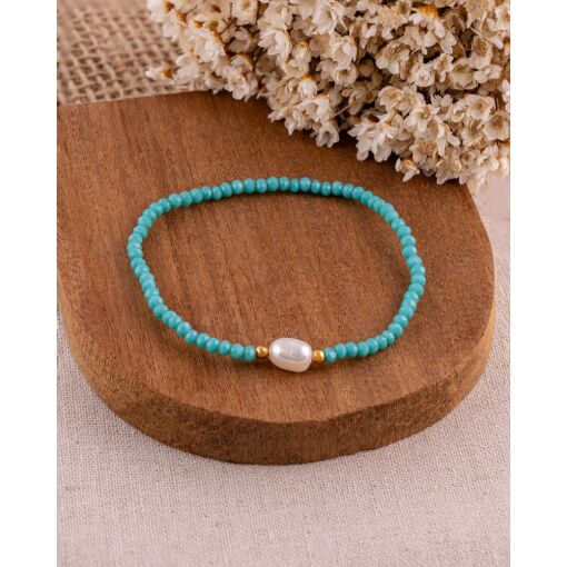 Pulseira Banhada A Ouro 18K Cristal Sintético Azul e Pérola