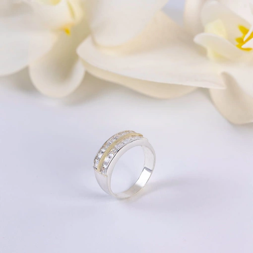 Anel Prata 925 Com Detalhes Ouro 18K Com Zircônia Branca