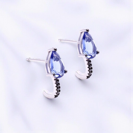 Brinco Prata 925 Com Banho De Ródio Cristal Tanzanita