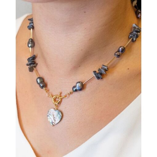 Colar Banhado A Ouro 18K Coração Abalone Com Pérola Biwa