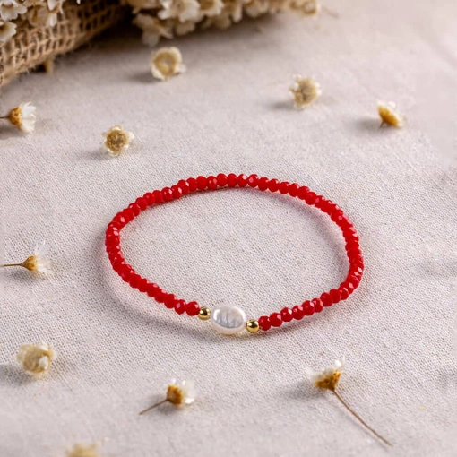 Pulseira Banhada A Ouro 18K Cristal Sintético Vermelho e Pérola