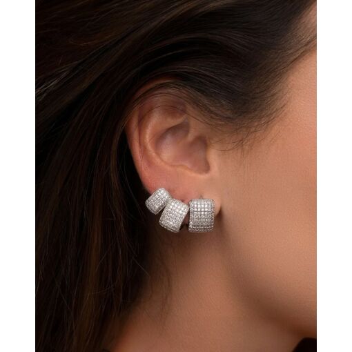 Brinco Banho De Ródio Branco Argola Retangular Zircônias 12MM