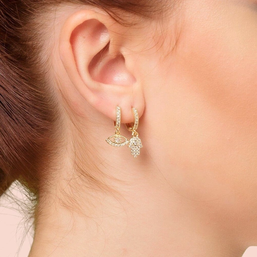 Brinco Banho de Ouro 18k Argola Com Pingente Olho Grego Cravejad