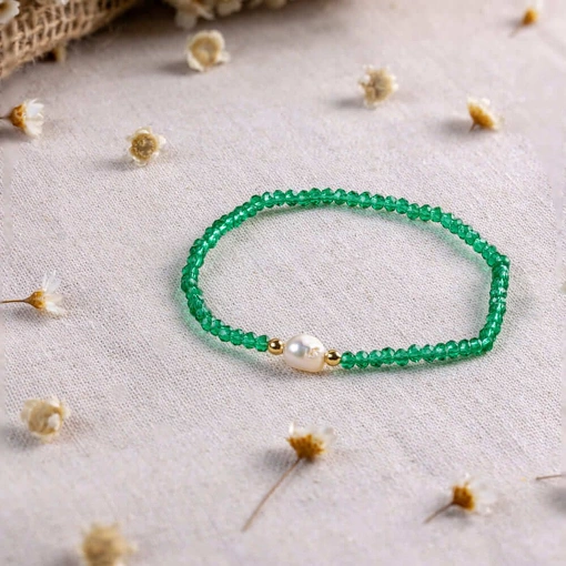 Pulseira Banhada A Ouro 18K Cristal Sintético Verde e Pérola