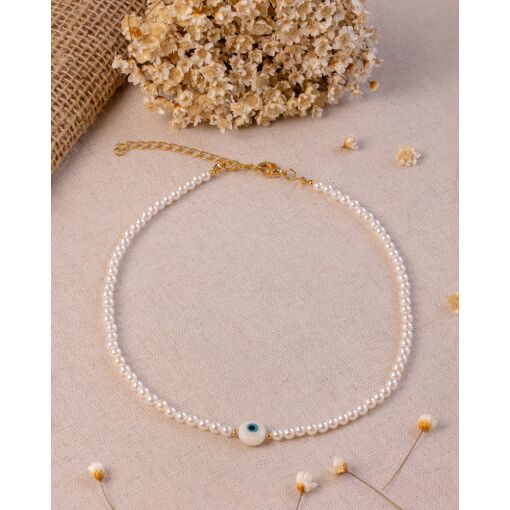 Colar Banhado A Ouro 18K Com Pérola Sintética Olho Grego